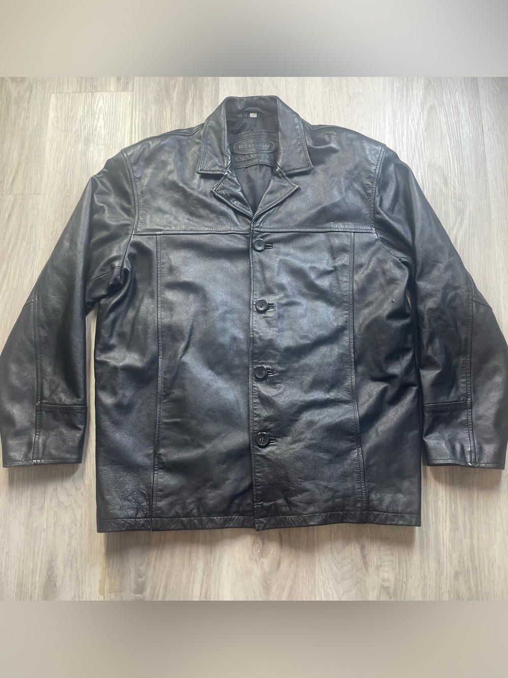 Men's Black Leather Button-Up Trench Coat